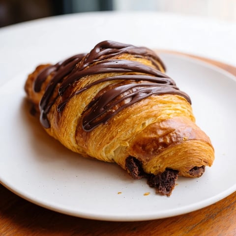 Golden, flaky chocolate cookie croissants fresh from the oven, offering a warm and gooey center.