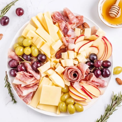Quick Charcuterie Snack Board: Girl Dinner with assorted meats, cheeses, and fresh fruits, ready to enjoy.