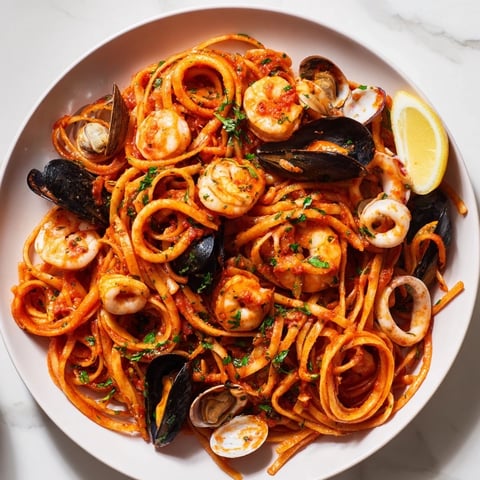 A steaming plate of Seafood Marinara Pasta, a classic Italian seafood delight, ready to be enjoyed.