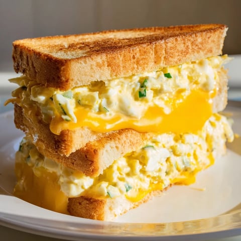 Creamy egg salad grilled cheese sandwich, golden and bubbly, perfect for lunch on a plate.