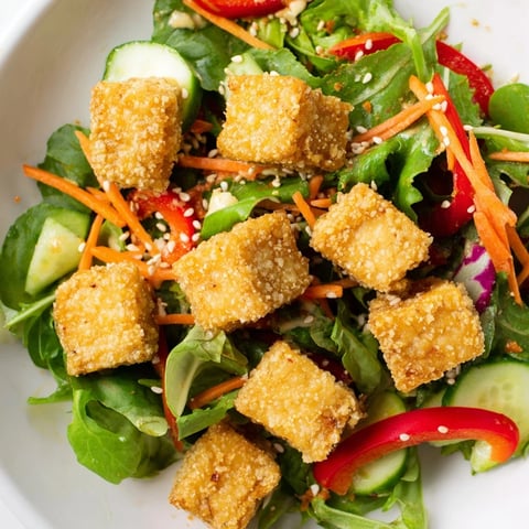 Crispy tofu salad with golden tofu cubes, vibrant veggies, and drizzled ginger-soy dressing beautifully presented.