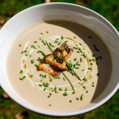 A steaming bowl of creamy mushroom bisque, garnished with fresh herbs, ready to enjoy.