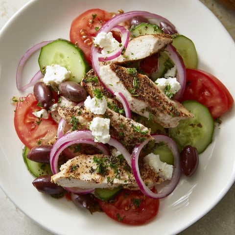 A fresh Greek salad with grilled chicken: colorful tomatoes, olives, and feta cheese.