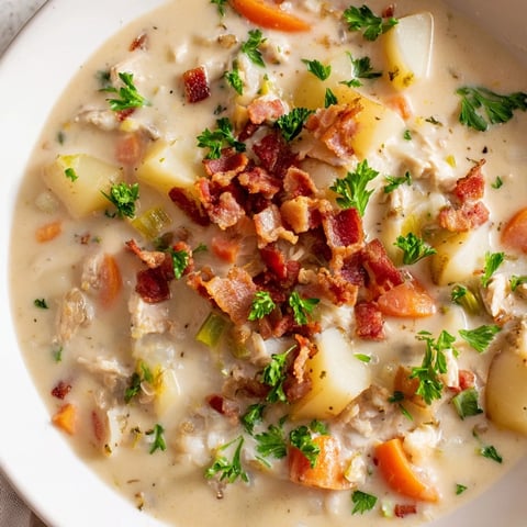 A creamy bowl of New England Clam Chowder, steaming, with fresh parsley garnish and crackers.
