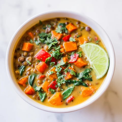Aromatic red lentil curry soup, garnished with fresh cilantro, ready to be served.