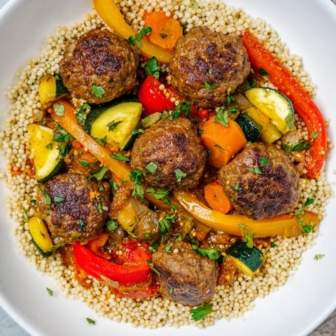 Fluffy couscous topped with vibrant North African Couscous Kefta and flavorful tomato sauce.