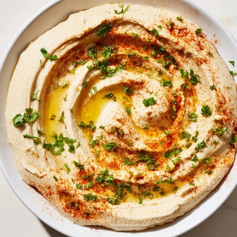 A creamy Levantine hummus plate drizzled with olive oil and sprinkled with paprika, ready to serve.