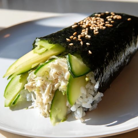 Freshly made Sushi Rice Hand Rolls, filled with avocado, crab, and cucumber, ready to serve and enjoy.