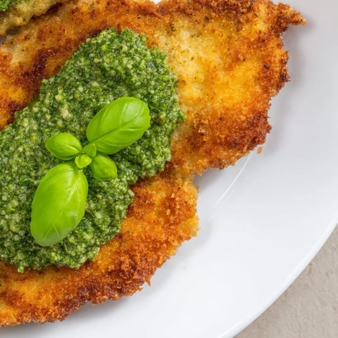 Crispy pesto chicken cutlets, golden-brown and sizzling, topped with vibrant green pesto for dinner.