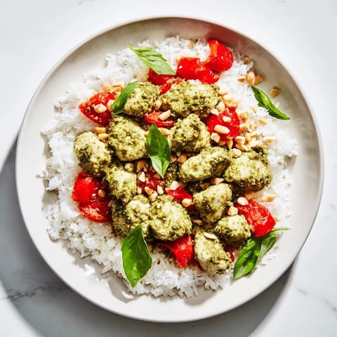 Tender, basil-coated chicken pesto rice bowl, ready to eat with fresh tomato chunks and basil.