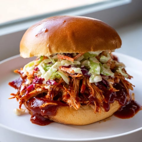 Tender and juicy pulled chicken sandwich overflowing from a soft brioche bun, ready to eat.