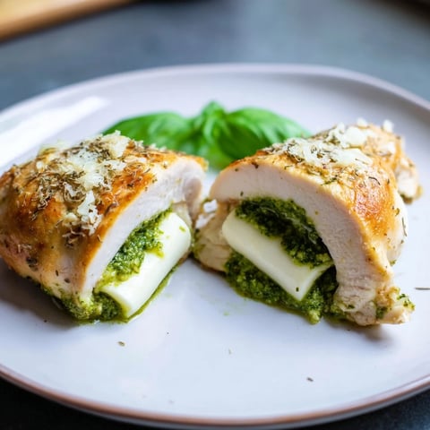 Mozzarella & Pesto Stuffed Chicken: A golden-brown, baked chicken breast stuffed with melted mozzarella and vibrant pesto.