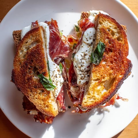 Golden, crispy prosciutto hugs creamy burrata in this decadent grilled cheese sandwich.