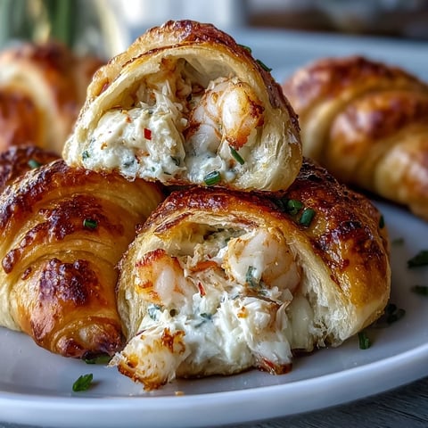 Golden-brown Shrimp and Crab Stuffed Crescent Bombs sit on a rustic wooden board, showcasing flaky pastry and a savory seafood filling peeking out.