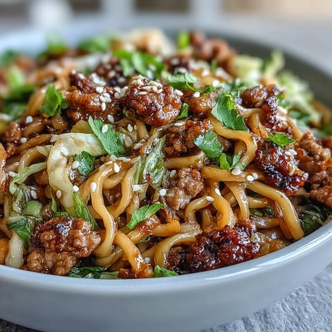 Un bol fumant de Potsticker Noodle Bowls avec nouilles de riz, porc haché doré et légumes croquants.