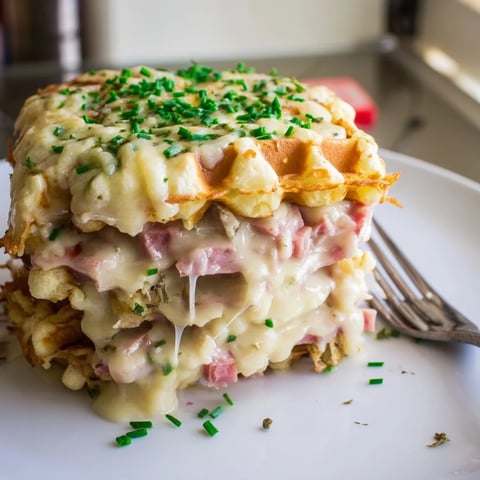 Gaufres savoureuses au Croque Monsieur, garnies de fromage et jambon fondant.  