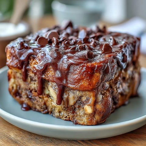 Toast perdu cuit au four au beurre de cacahuète et chocolat à base de pains briochés cubes, avec une drizzle de beurre de cacahuète et des baies fraîches.
