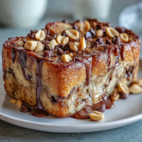 Coupes dorées et moelleuses de High-Protein Peanut Butter & Chocolate Baked French Toast nappées de sirop d'érable