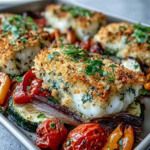 Crispy Parmesan Crusted Sheet Pan Fish & Veg, golden cod fillets and colorful roasted vegetables served on a sheet pan.