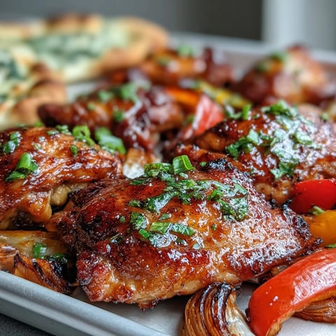 Golden-brown chicken thighs glazed in honey garlic sauce, roasted peppers, and warm garlic naan on a sheet pan.