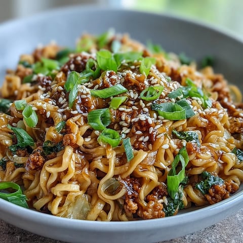 Fumets de crème et de sauce soja-sésame nappent des nouilles ramen et de la dinde hachée dans ce stir-fry Creamy Potsticker Noodle Stir-Fry