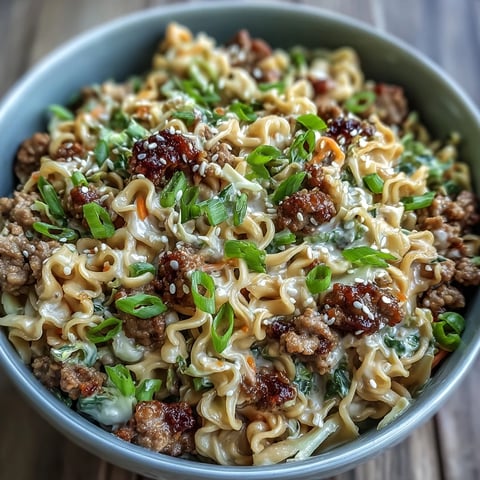 Creamy Potsticker Noodle Stir-Fry with ground turkey, cabbage, and noodles in a savory peanut sauce