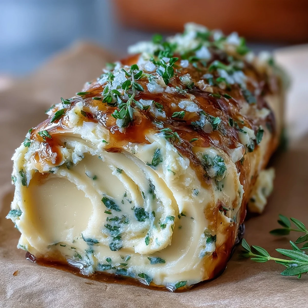 Beurre au miel et au sel présenté en tranche sur pain grillé.