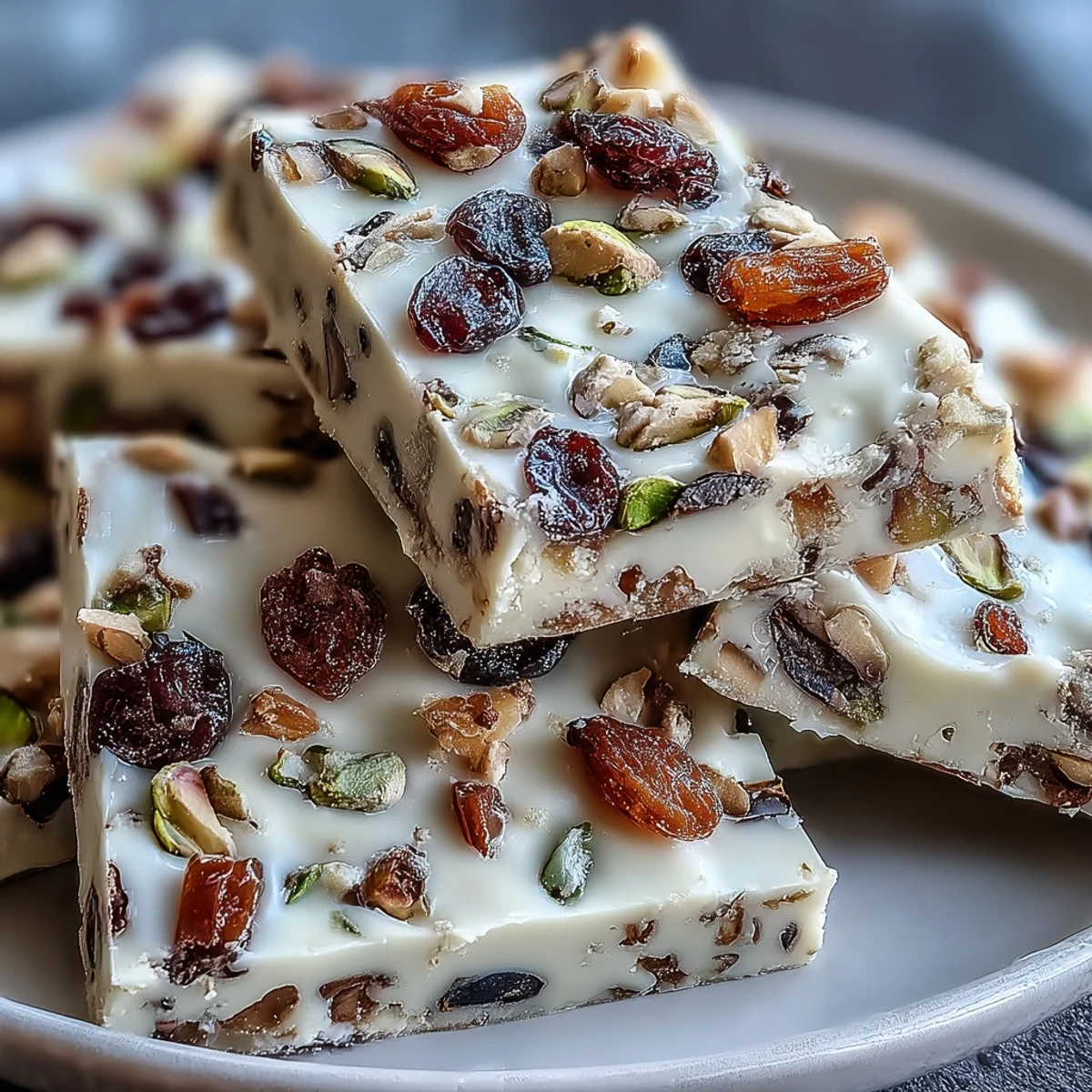 White chocolate pistachio bark studded with bright dried cranberries and apricots, sliced on a rustic wooden board.