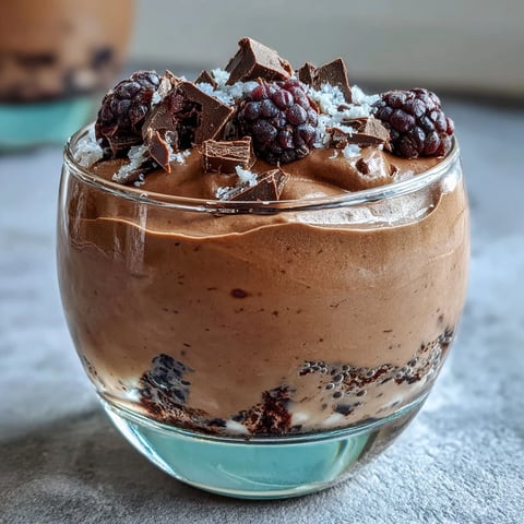 Une mousse au chocolat Cottage Cheese Chocolate Mousse onctueuse et riche, servie dans un verre.