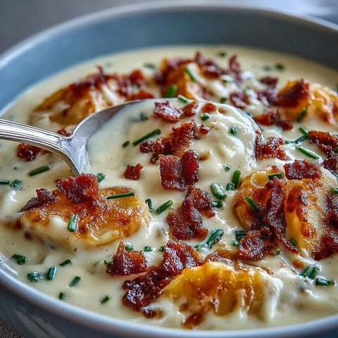 Creamy Baked Potato Soup topped with crispy bacon, shredded cheddar, and fresh chives in a rustic bowl.