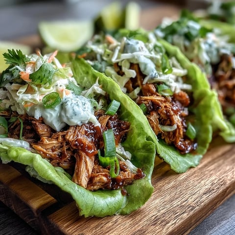 Vegan BBQ Jackfruit Lettuce Tacos topped with creamy slaw in crisp lettuce cups for a fresh bite.