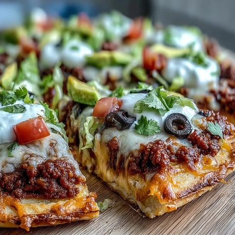 Keto Taco Pizza sur croûte de fromage fondue dans une poêle, garnie de viande de taco et de fines tranches d’avocat