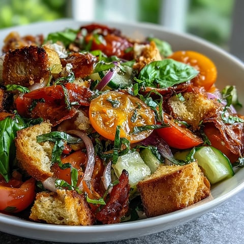 Une salade Panzanella au levain avec tomates heirloom juteuses, concombre croquant et vinaigrette à la basilic frais.
