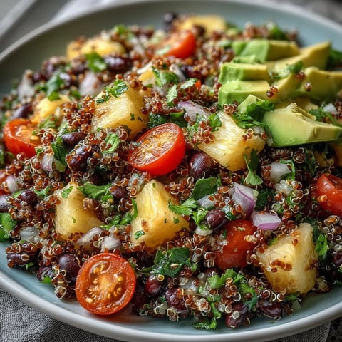 Salade Tropical Quinoa Salad with Pineapple and Black Beans avec ananas juteux, haricots noirs et tomates cerises sur fond de bol en bois. (14 mots)