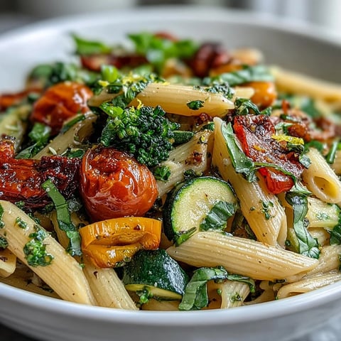 Pâtes primavera végétaliennes en un seul pot avec citron et basilic, pleines de légumes colorés et de saveurs fraîches.  