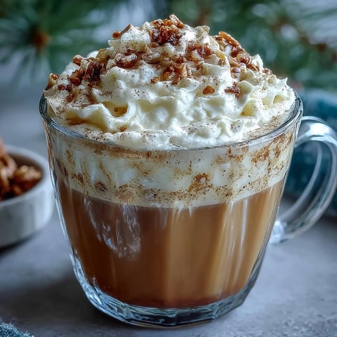Latte chai de Noël festif dans une tasse rouge, surmonté de crème fouettée épicée et de cannelle.  