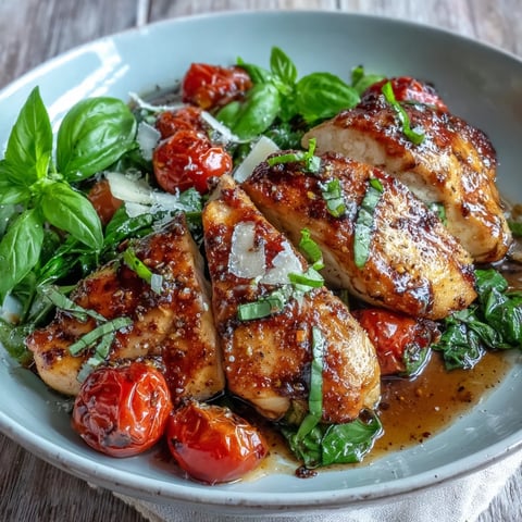 1. One-Pan Balsamic Chicken with Tomatoes and Spinach, a vibrant dish with juicy chicken, sweet cherry tomatoes, and fresh spinach simmered in tangy balsamic glaze.  