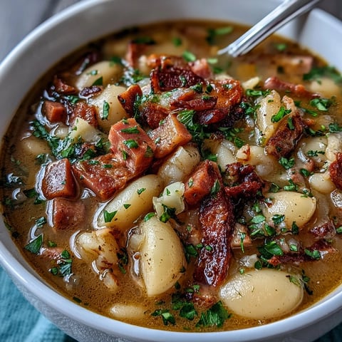 Un bol de soupe réconfortante aux haricots, pommes de terre et jambon fumé, parfumée aux herbes et prête à réchauffer les soirées d'hiver.