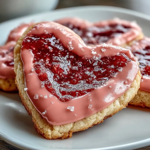 Des biscuits sucrés en forme de cœur décorés d'un glaçage rose aux fraises, parfaits pour la Saint-Valentin.