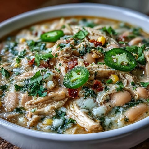 Un bol de chili blanc au poulet, garni de coriandre fraîche et d'avocat, servi avec des quartiers de lime.