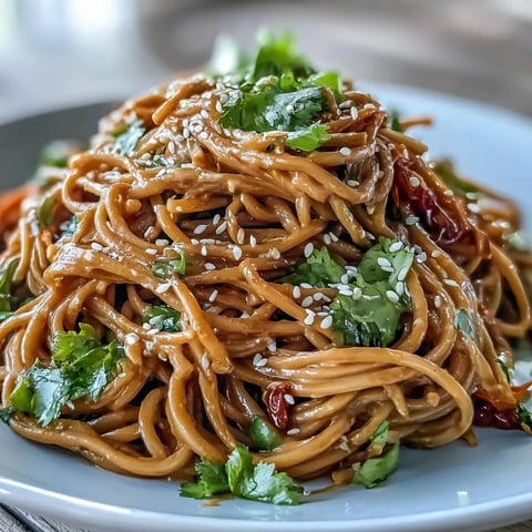 Salade de nouilles asiatiques au sésame avec vinaigrette aux arachides, colorée et croquante, garnie de légumes frais et de coriandre.  