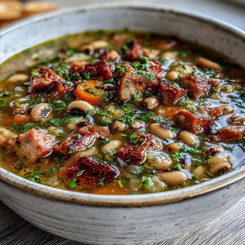Potage copieux aux pois chiches et jambon fumé, parfait pour le réveillon du Nouvel An, avec des légumes tendres et des herbes aromatiques.  