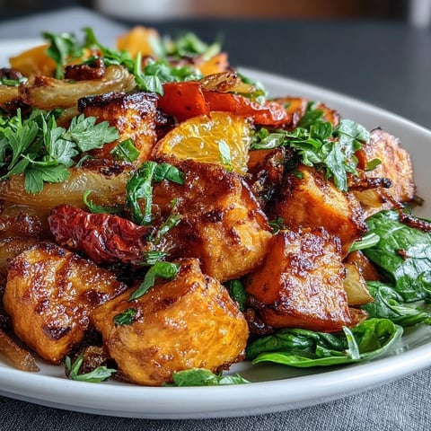Sweet Potato and Orange Sheet Pan Breakfast Hash with roasted vegetables and citrus, perfect for a hearty and healthy vegetarian breakfast.