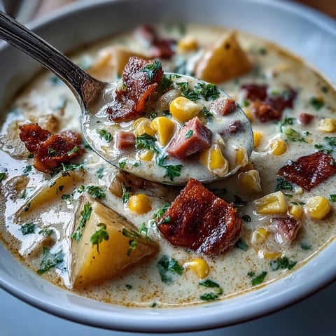 Potage crémeux au jambon et pommes de terre avec céleri et maïs dans un bol, parsemé de persil frais.  