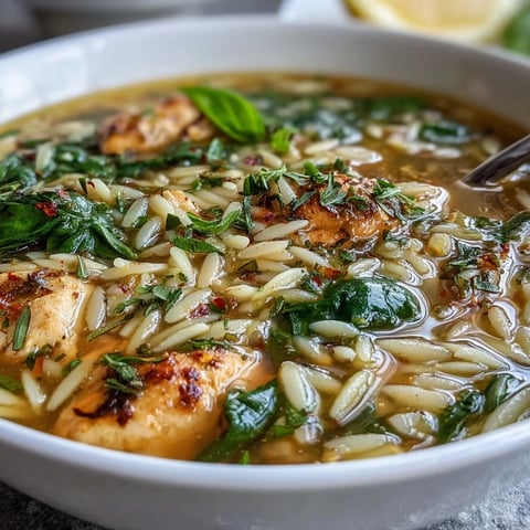Un bol réconfortant de soupe au poulet et orzo avec épinards, agrémenté de zeste de citron et de fines herbes fraîches.