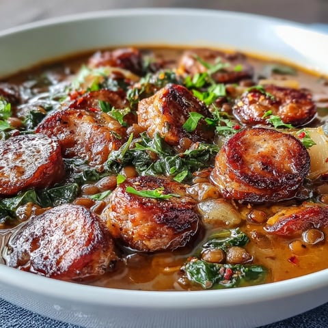 Une soupe copieuse et savoureuse au saucisson épicé, lentilles terrestres et chou frisé dans un bouillon de tomates savoureux—parfaite pour se réchauffer par temps froid.