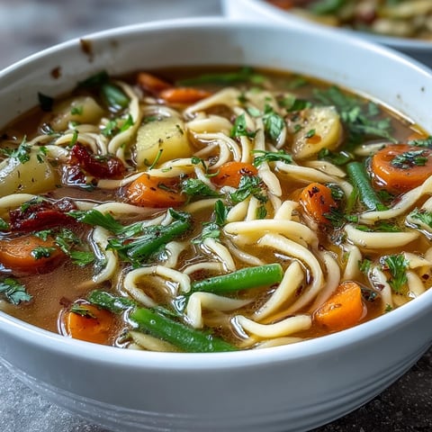 Un bol de soupe réconfortante aux légumes et nouilles, parfumée aux herbes et parsemée de carottes et céleri colorés.