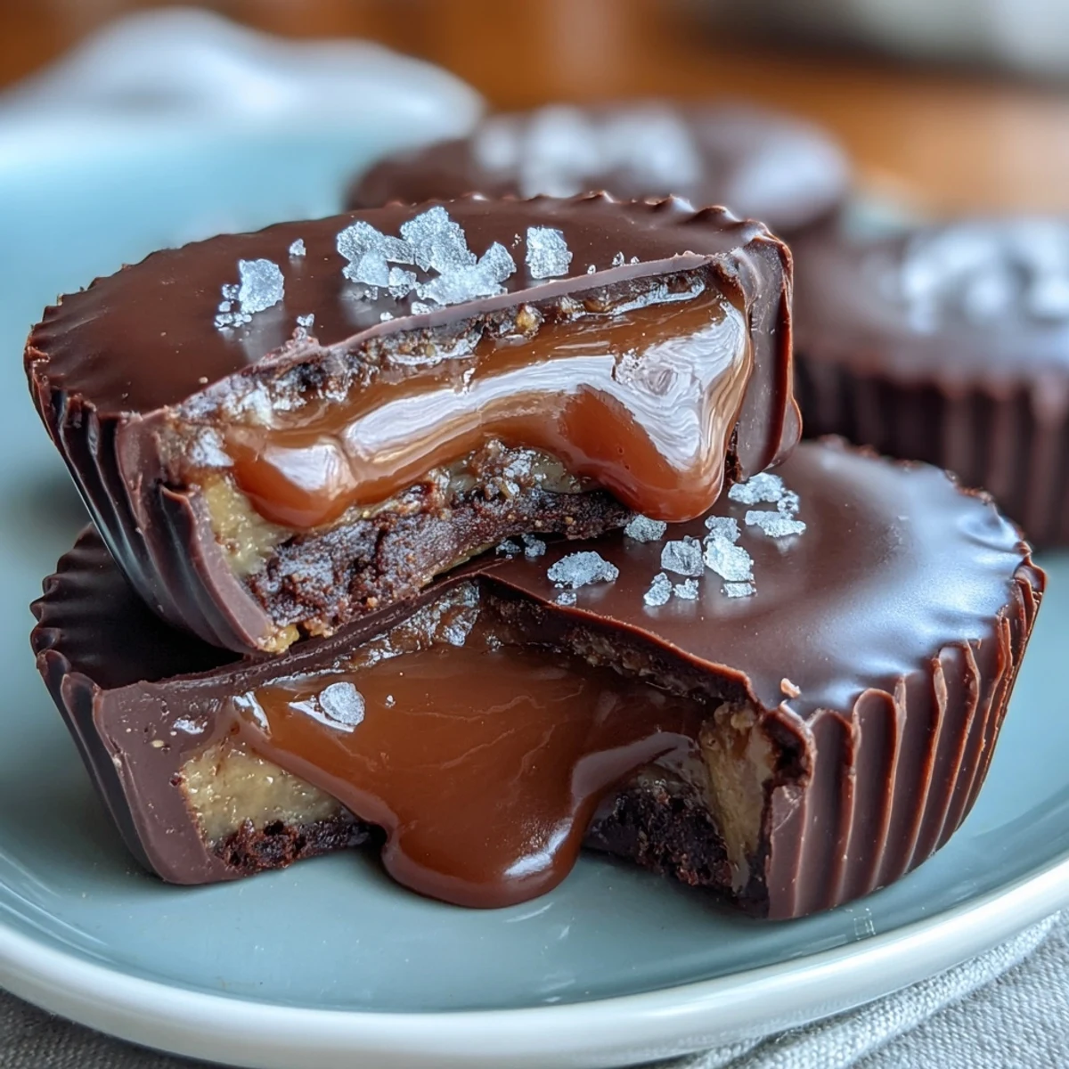 1. Indulgent peanut butter cups with salted caramel and flaky sea salt, perfect for a sweet-salty treat.