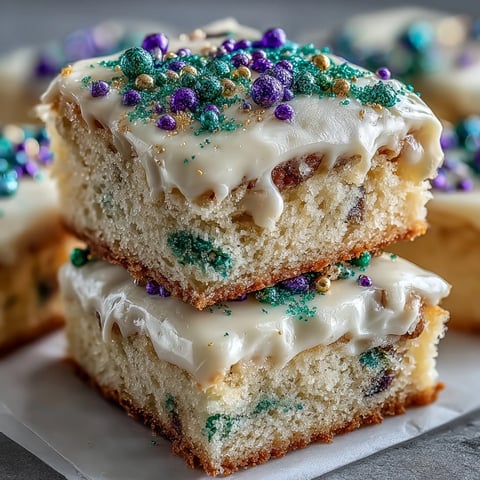 Gourmandises festives : barres de cookies sucrés au glaçage coloré et aux paillettes vives, parfaites pour Mardi Gras.