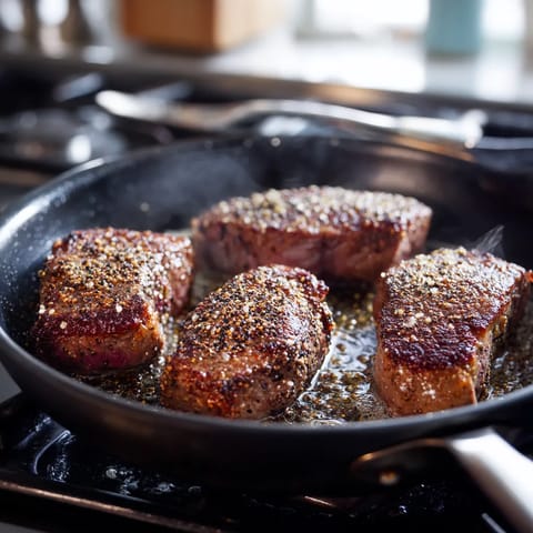 Steak grillé dans une poêle.